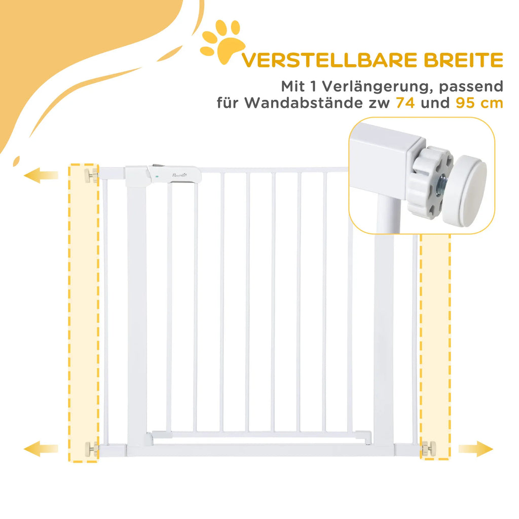 Apsauginiai varteliai, montuojami be gręžimo, reguliuojamas plotis 75-96 cm, atidaromi viena ranka, metaliniai, balti, automatiškai užsidarantys kūdikių apsauginiai varteliai