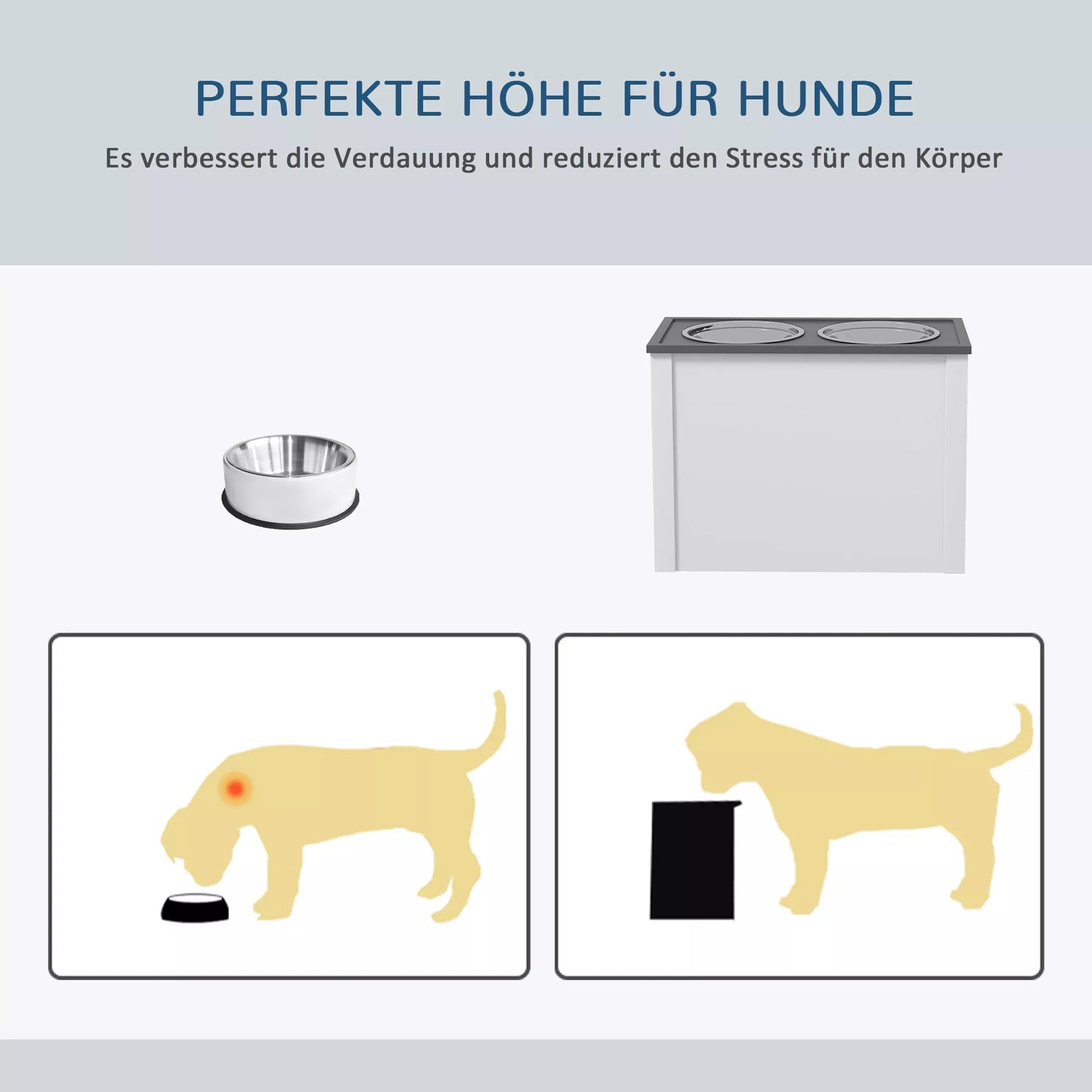 Maitinimo stotelė su paaukštintais maisto indais, 1 laikymo vieta, 2 nerūdijančio plieno dubenėliai, 60 x 30 x 42cm, balta + pilka