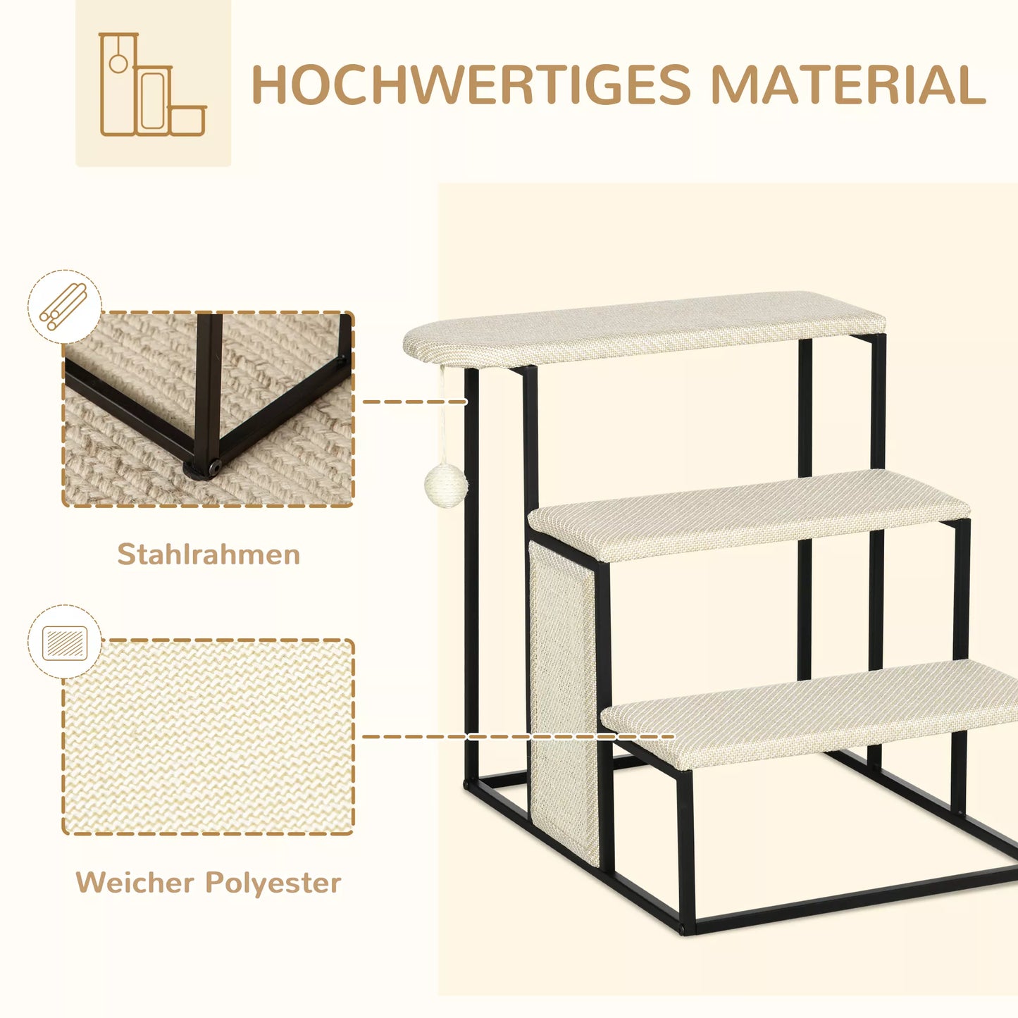 Katės laipteliai su draskykle, 3 pakopos, žaisliukas su kamuoliuku, tvirti, plienas+sisalas, kreminės baltos+juodos spalvos, 51 x 54 x 53cm