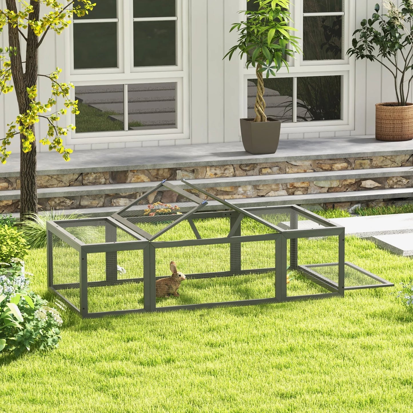 Pawhut Aptvaras smulkiems gyvūnams, atlenkiamas stogas, eglės mediena, pilkas