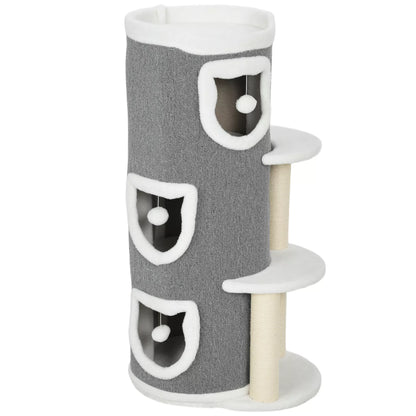 101 cm kačių bokštas, 3 lygiai, 3 miegamosios olos, žaisliniai kamuoliukai, draskyklė, sizalis, medžio drožlių plokštė, pilka