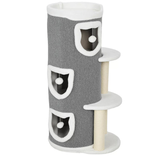 101 cm kačių bokštas, 3 lygiai, 3 miegamosios olos, žaisliniai kamuoliukai, draskyklė, sizalis, medžio drožlių plokštė, pilka