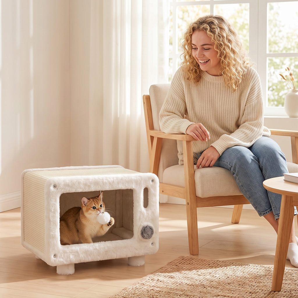 Katės namelis-draskyklė televizoriaus formos su hamaku ir kamuoliuku, 50x33x42 cm, katėms iki 7 kg, baltas