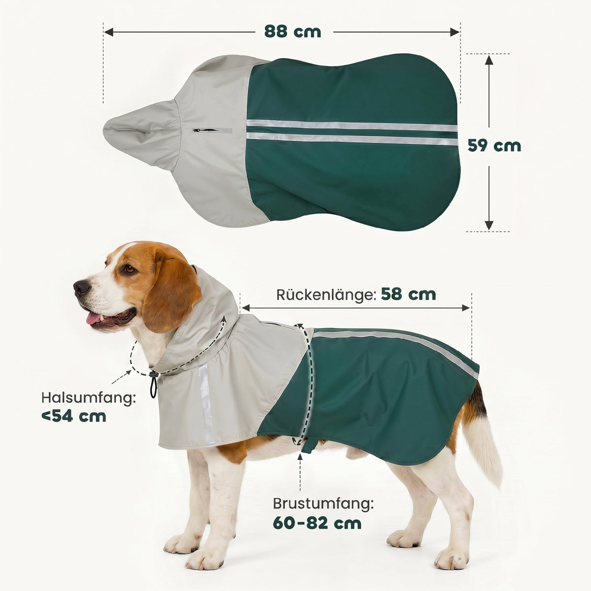 Lietpaltis šunims 15–20 kg, neperšlampamas, su gobtuvu, atšvaitais ir anga pavadėliui, žalias