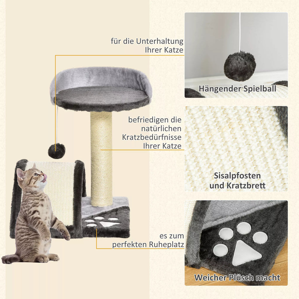 Kaķu tornis 46 cm Mazs kaķu tornis ar gultu, rotaļu bumbu, sizala virvi, paceltu platformu, kaķu skrāpējamo kasti, kāpšanas koku, kaķiem līdz 4 kg, tumši pelēks