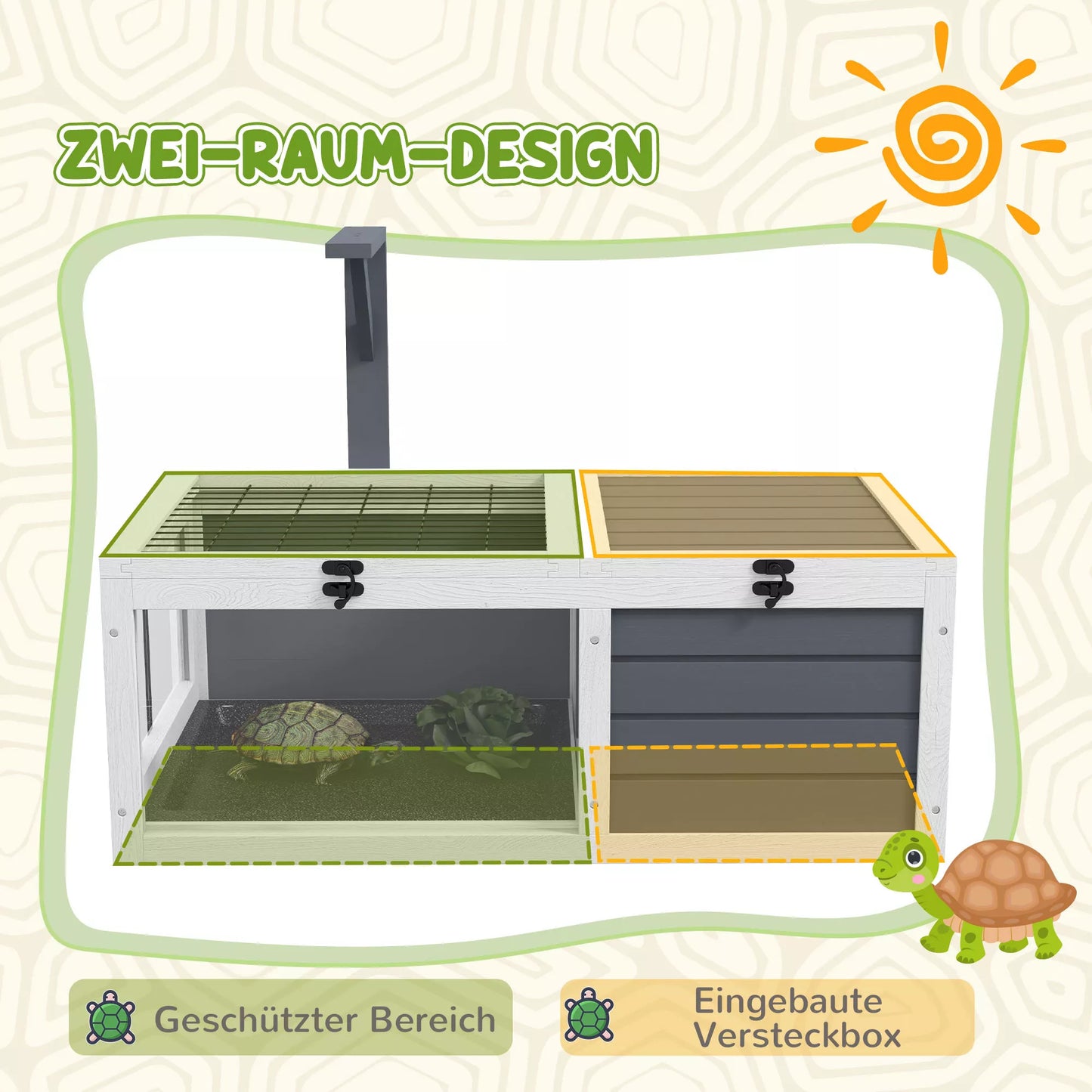 Vėžlių namelis, roplių dėžė su 2 kambariais, dangčiu, plastikiniais dubenėliais, langais, medžiu, pilka spalva