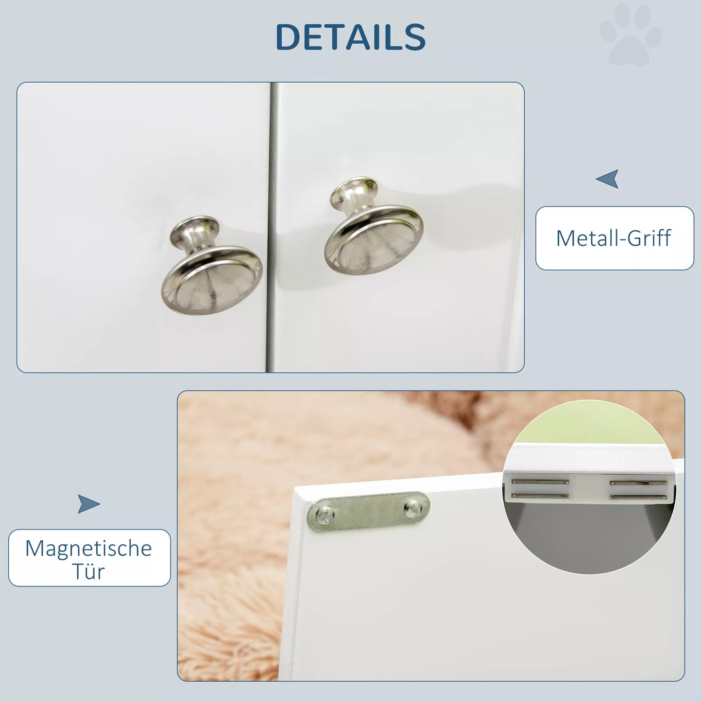 Šunų ėdalo stotelė, 2 nerūdijančio plieno dubenėliai, 44L talpos spintelės skyrius, magnetinės durelės, balta, 60x30x35,5 cm