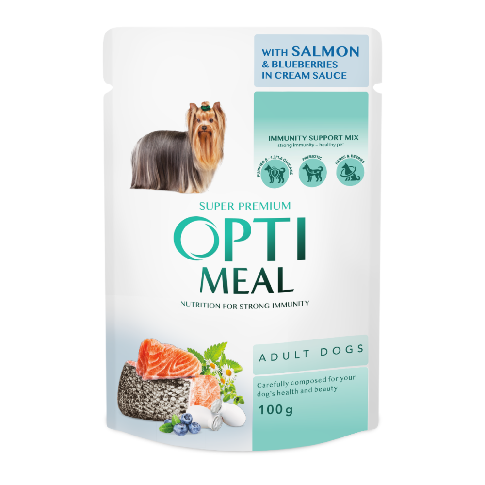 OPTIMEAL ™ Visavertis konservuotas pašaras suaugusiems šunims su lašiša ir mėlynėmis kreminiame padaže 12x0.01 kg