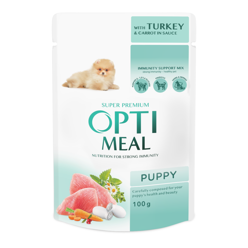 OPTIMEAL ™ visavertis konservuotas pašaras šuniukams su kalakutiena ir morkomis padaže 12x0.1 kg