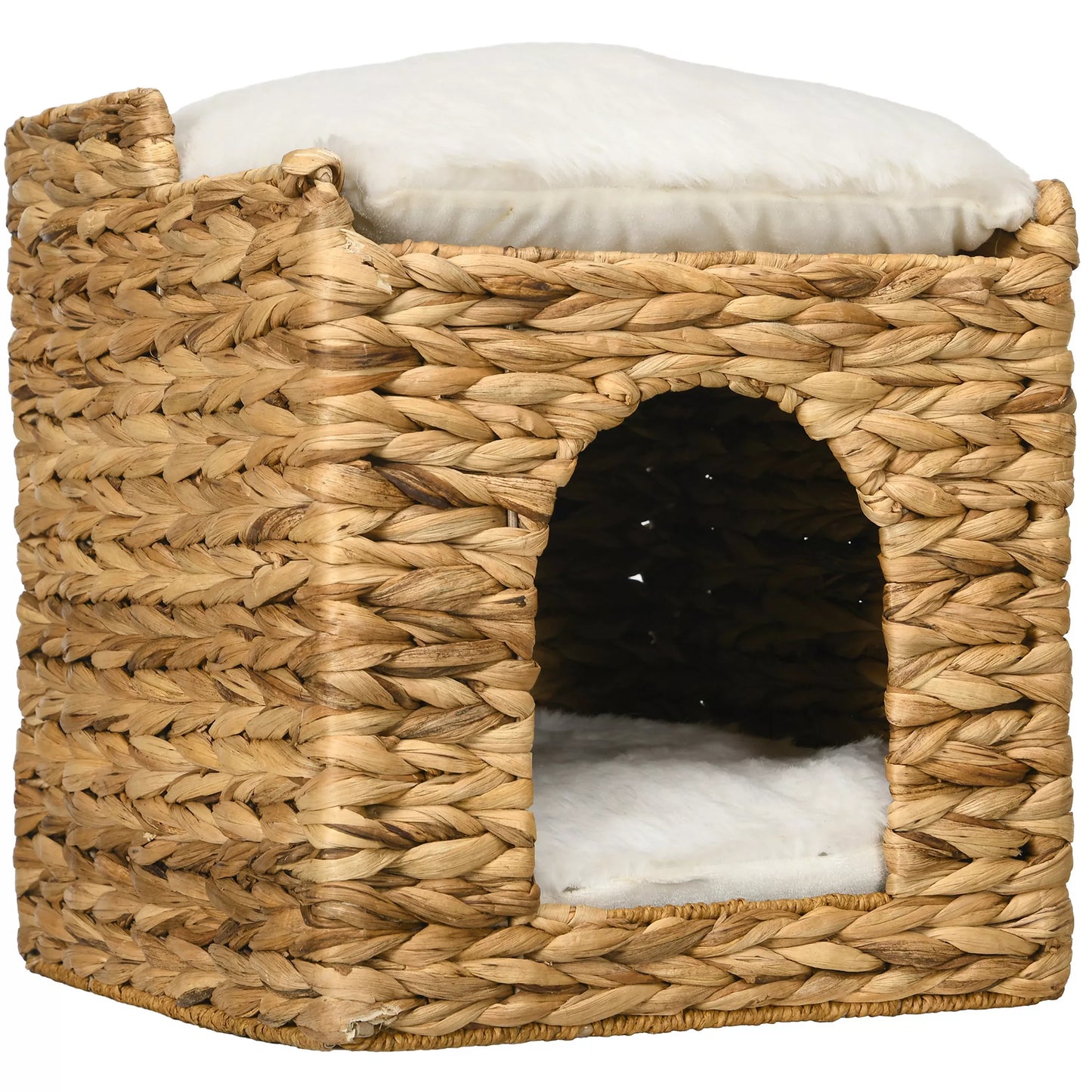 Kaķu gulta no ūdens hiacintes zāles, 2 guļvietas, 2 mazgājami spilveni, dabīga + balta krāsa