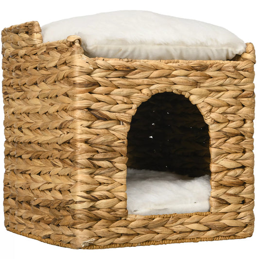 Kaķu gulta no ūdens hiacintes zāles, 2 guļvietas, 2 mazgājami spilveni, dabīga + balta krāsa