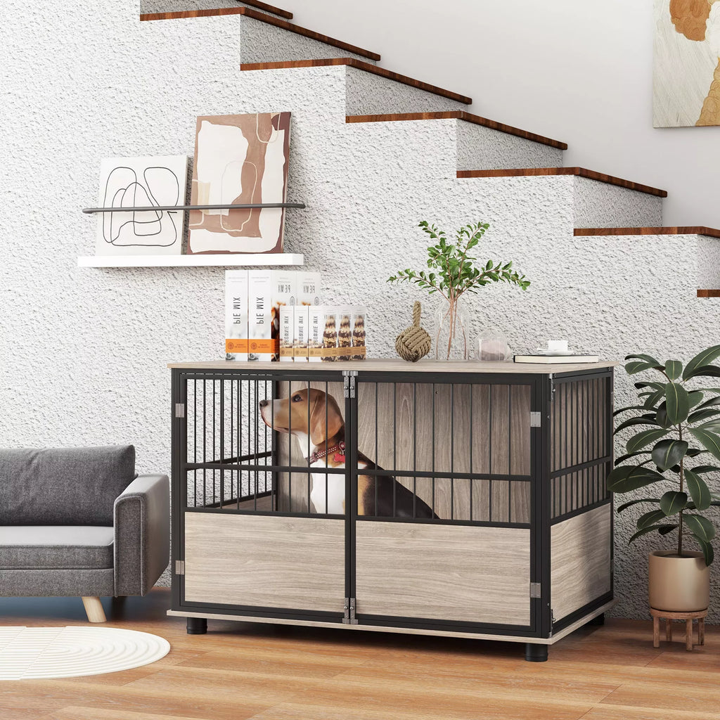 Šunų narvas-spintelė iš medžio drožlių plokštės ir plieno, dideliems šunims iki 30 kg, 100 x 60 x 68 cm, riešutmedžio spalvos