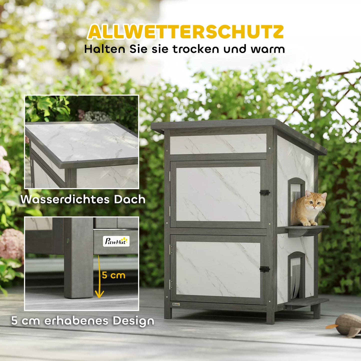 Lauko namelis katėms, medinis namelis katėms, keli įėjimai, langai, atsparus vandeniui, 60 x 60 x 88 cm, baltas