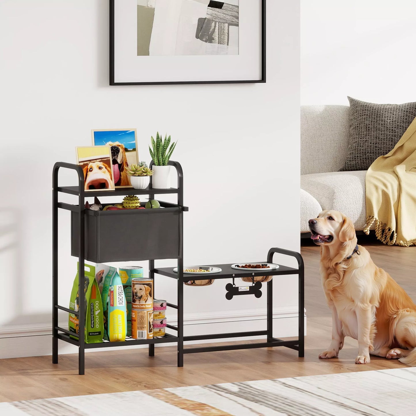 Reguliuojamo aukščio paaukštintas šunų dubenėlių stovas su daiktų laikymo skyriumi, šėrykla su dviem dubenėliais, medis ir nerūdijantis plienas, 89,5 x 27 x 74 cm, juoda