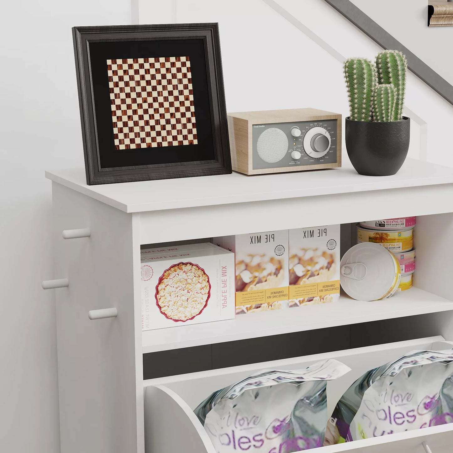 Maitinimo stotelė augintiniams, laikymo spintelė naminių gyvūnėlių reikmenims, su dubenėliais, kabliukais pavadėliams, MDF, balta.