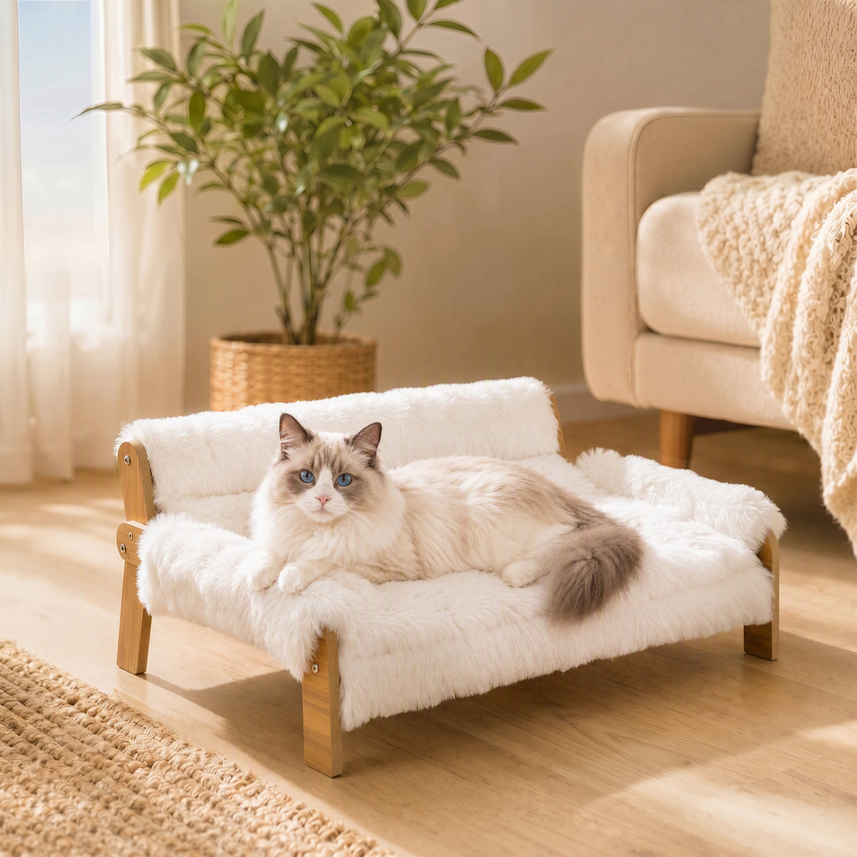 Paaukštinta sofa-guolis katėms ir mažiems šunims, 70x47x30 cm, su nuimamu užvalkalu, katėms iki 8 kg, balta
