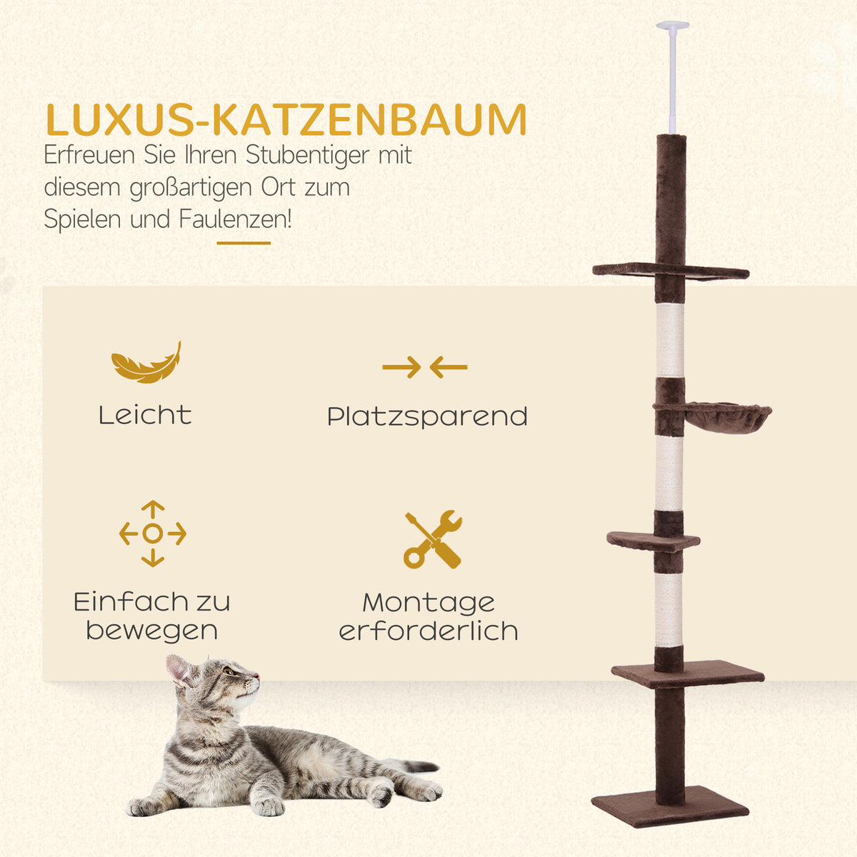 Draskyklė iki lubų 230–260 cm, reguliuojamo aukščio, su 5 platformomis ir sizalio stulpais, ruda