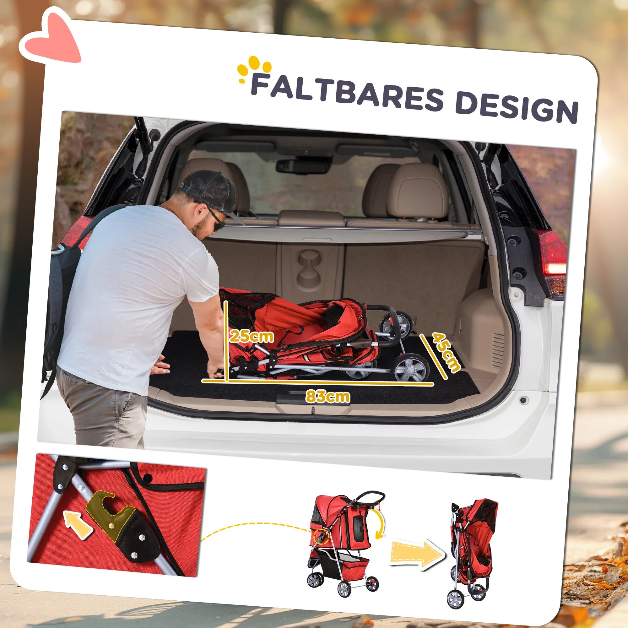 Suņu ratiņi/suņu ratiņi suņiem līdz 10 kg, saliekami, apakšējais grozs, 2 krūzīšu turētāji, regulējams jumtiņš, sarkani