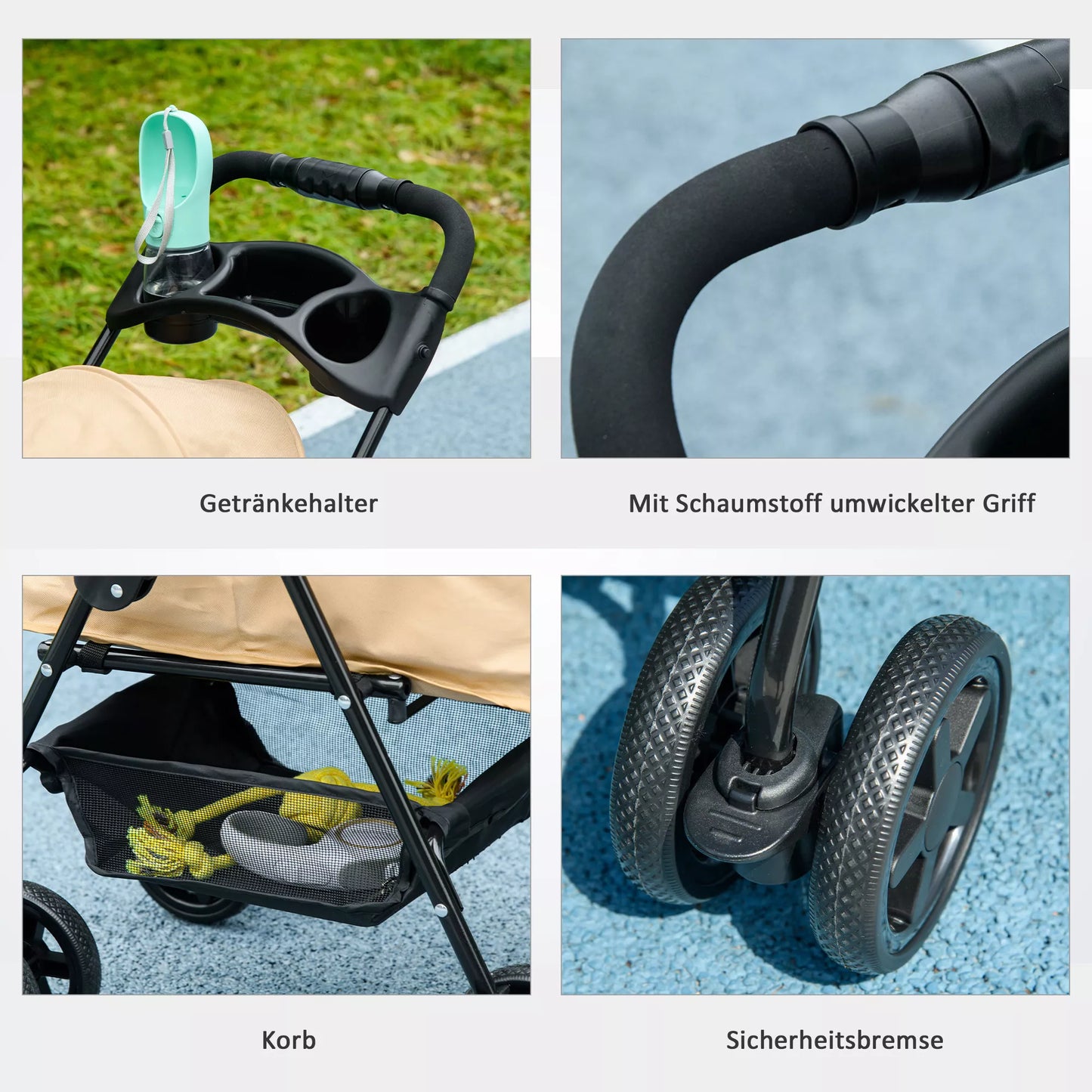 Suņu ratiņi, salokāmi, 2 drošības pavadas, 2 krūzīšu turētāji, 67 x 45 x 96 cm, haki krāsā