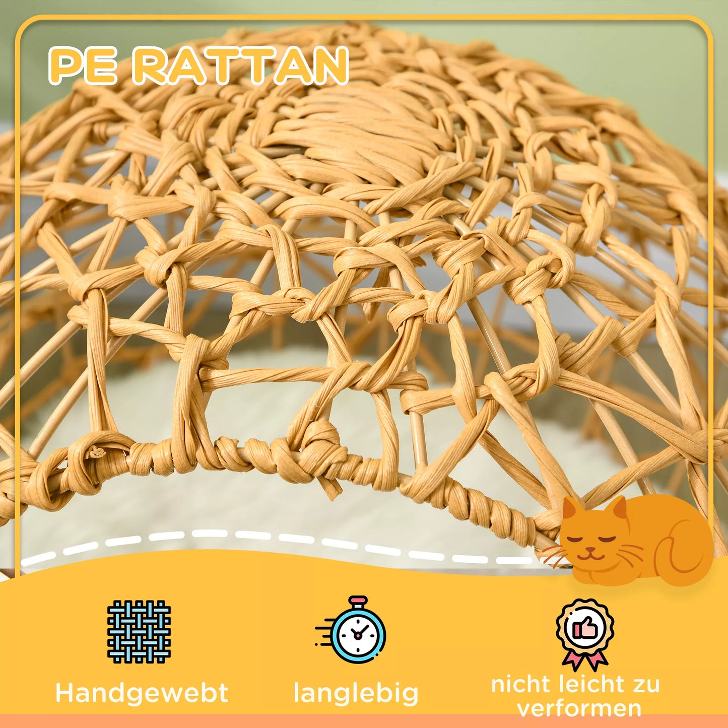 Pawhut Rotango katės lova su guoliu, nameliu ir pagalvėle, paaukštinta konstrukcija, rudos spalvos naminių gyvūnėlių lova, Ø45 x 57A cm