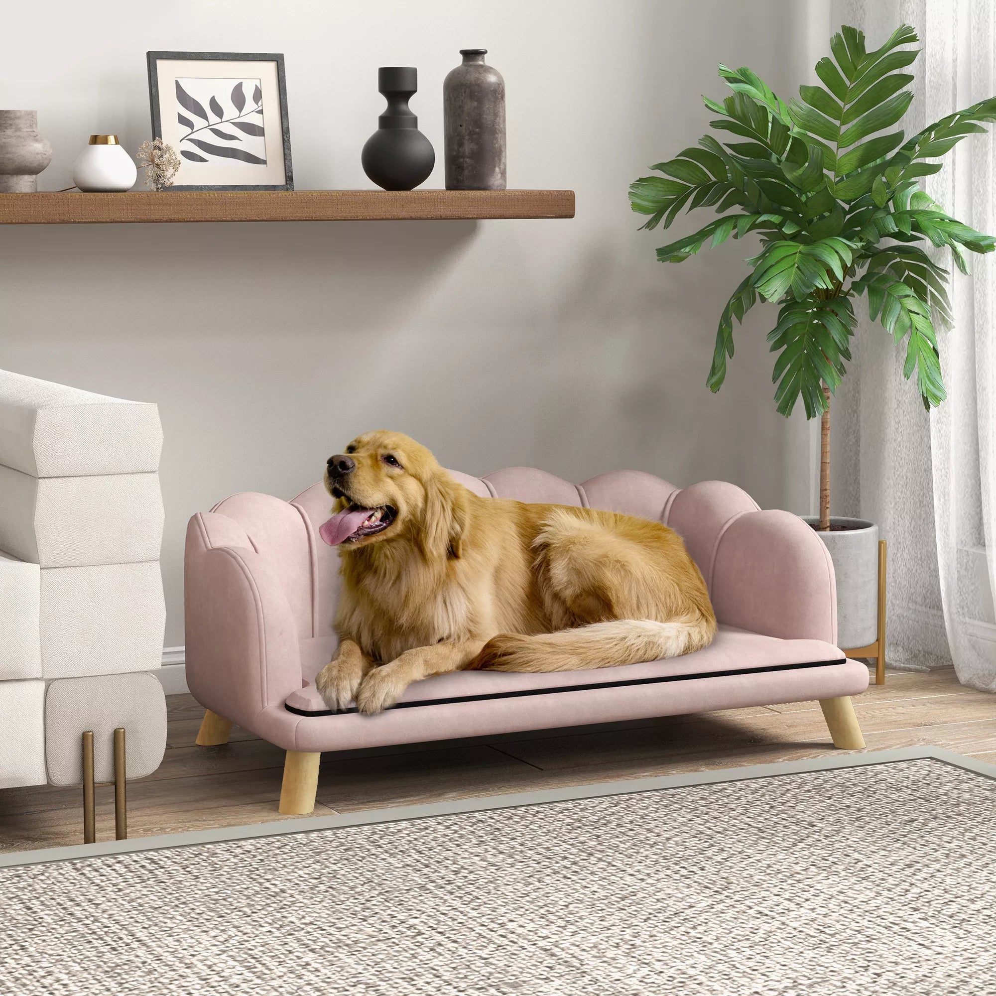 Naminių gyvūnų sofa vidutinio dydžio ir dideliems šunims iki 25 kg, tvirta medinė, paminkšta, rožinė