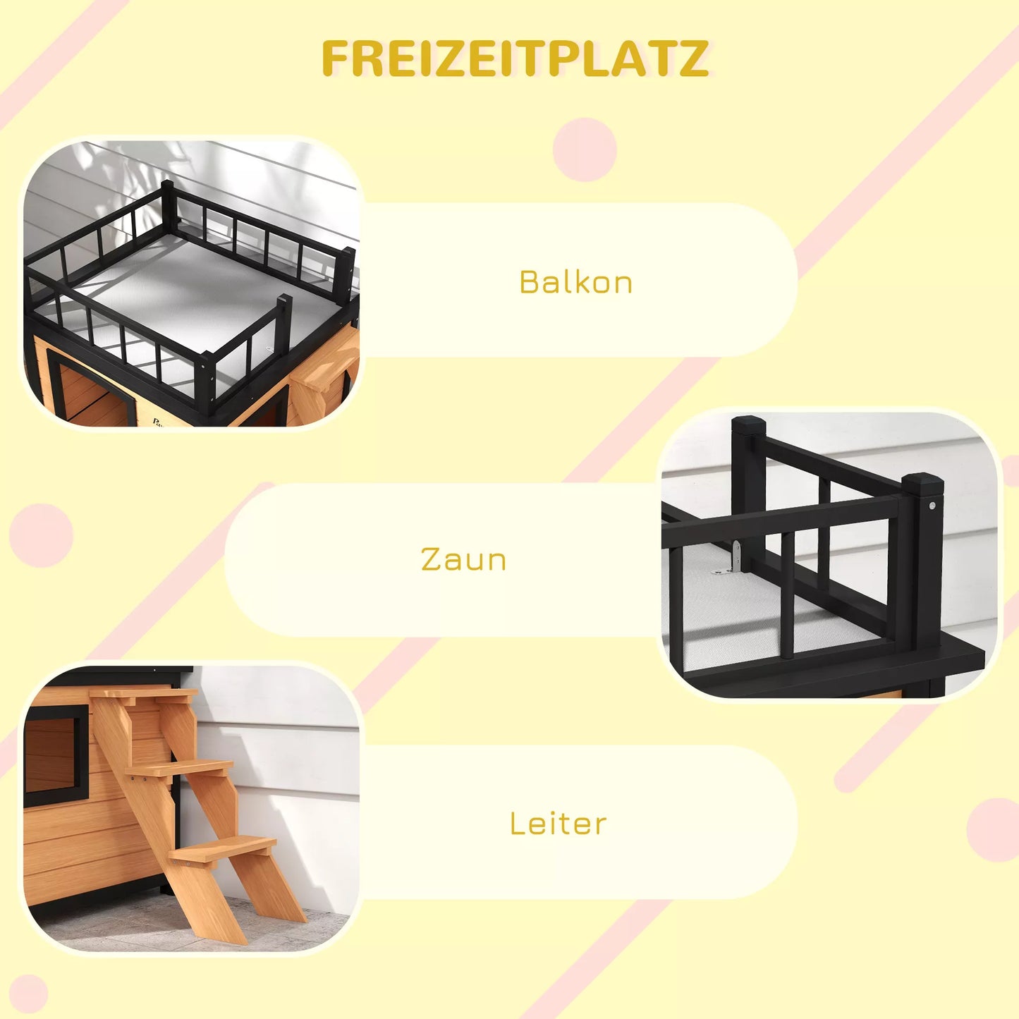 Šunų namelis su stogo terasa, atsparus oro sąlygoms, medinis, 121x77x78cm, Juoda/Geltona