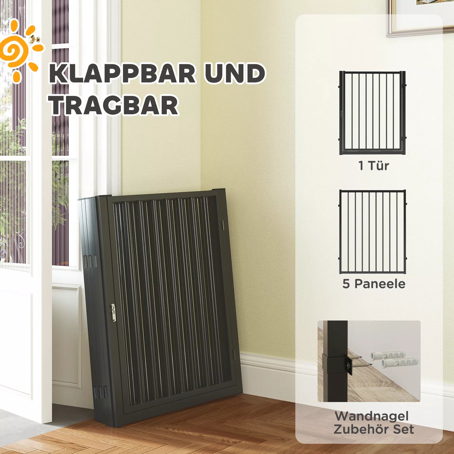 Šuniukų aptvaras, šunų aptvaras, šuniukų voljeras, 6 skydeliai su durelėmis, sulankstoma ir nešiojama šunų tvora, plienas, juoda