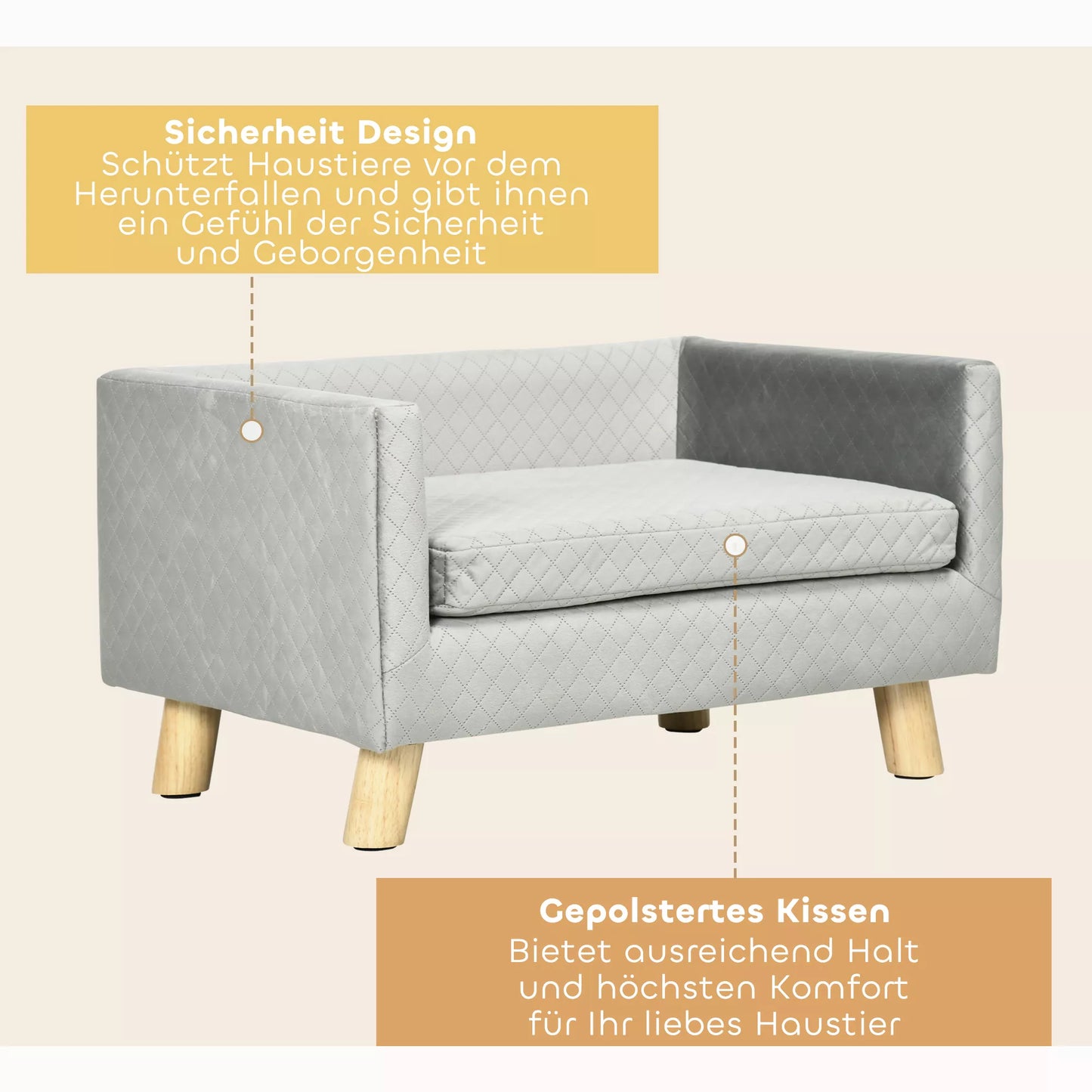 Šunų sofa su medinėmis kojelėmis, šunų lova, naminių gyvūnėlių sofa, šunų kilimėlis mažam šuniui iki 8 kg, aksominio lietimo, pilka, 64 x 45 x 36 cm