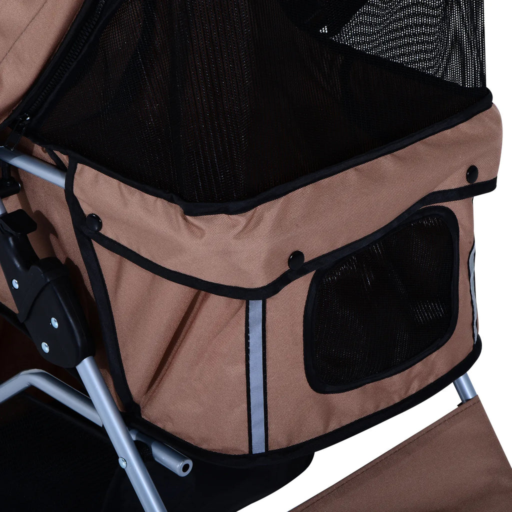 Suņu ratiņi līdz 10 kg, saliekami, ar apakšējo grozu, 2 krūzīšu turētājiem, saules aizsargu, kafijas brūnā krāsā