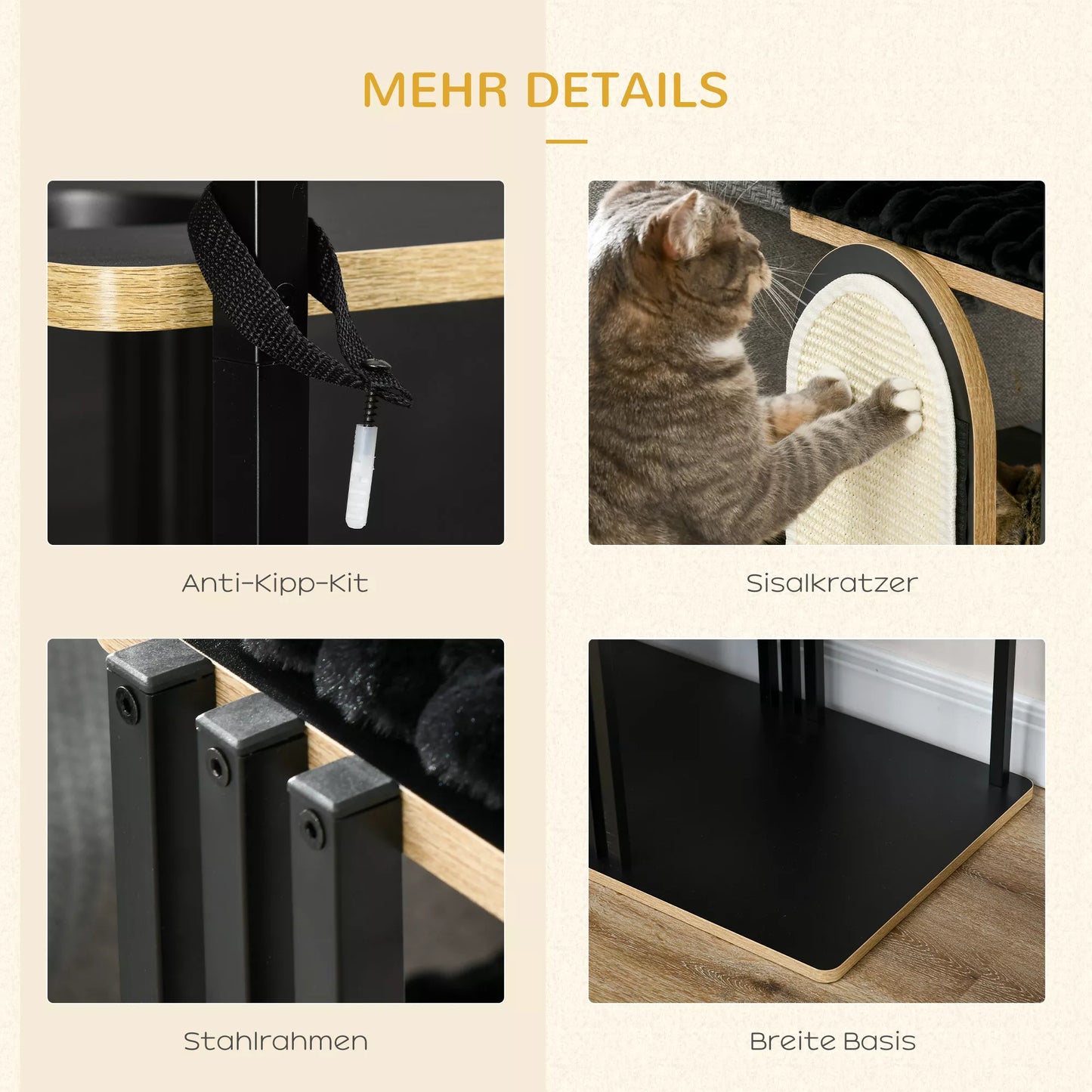 Kačių medelis, pramoninis dizainas, 3 platformos, 2 gulimosios pagalvėlės, grandymo siena, plieninis rėmas, juodos spalvos, 85 x 48 x 170 cm