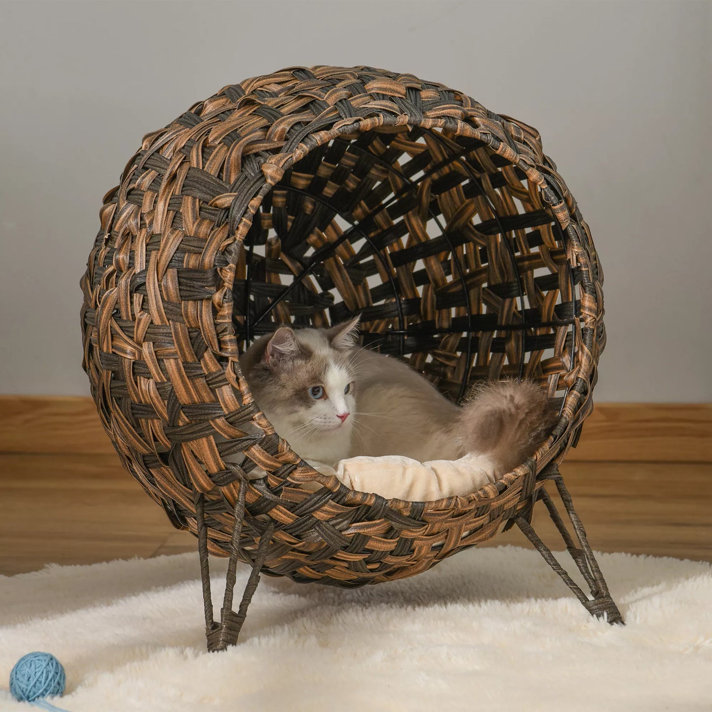 Rattan Cat House with Cushion, Cat Bed with Raised Legs, Brown, Ø52 x 58 cm