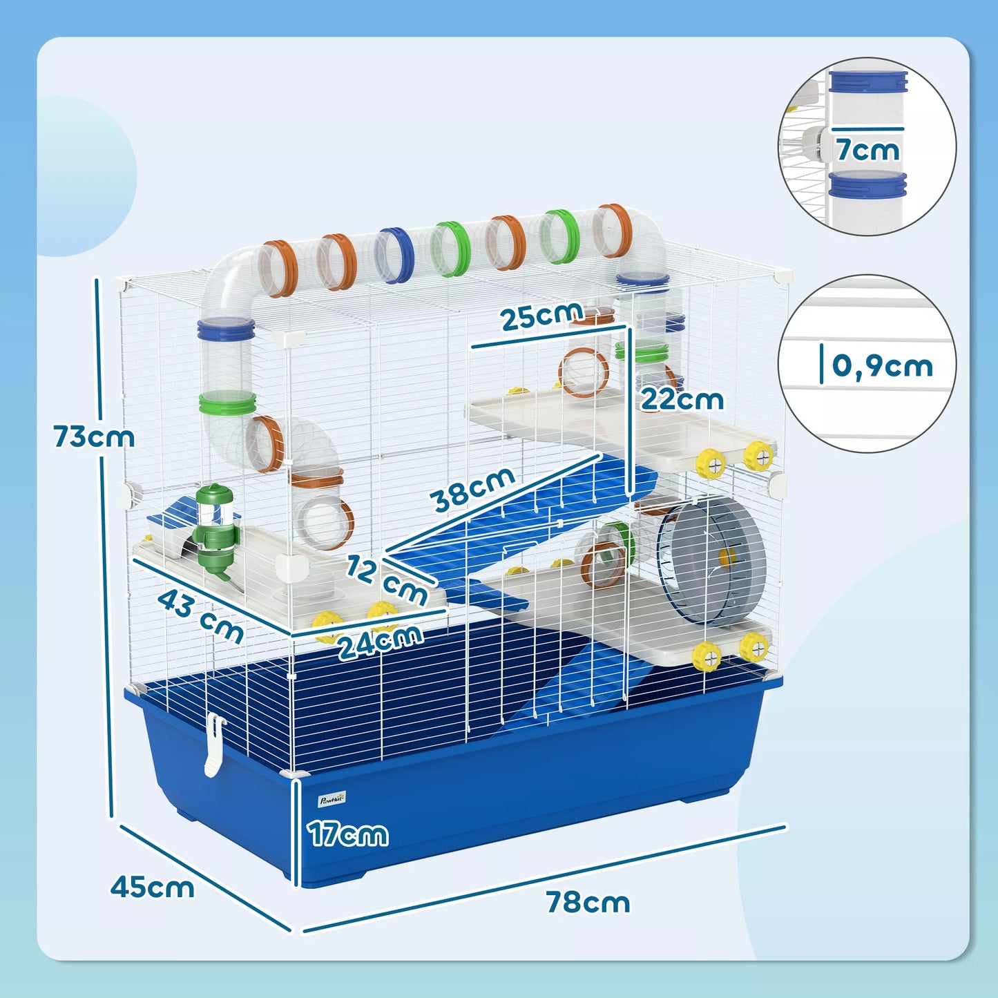 Narvas žiurkėnams su tuneliais ir priedais, 4 aukštų, 78x45x73 cm (mėlynas)