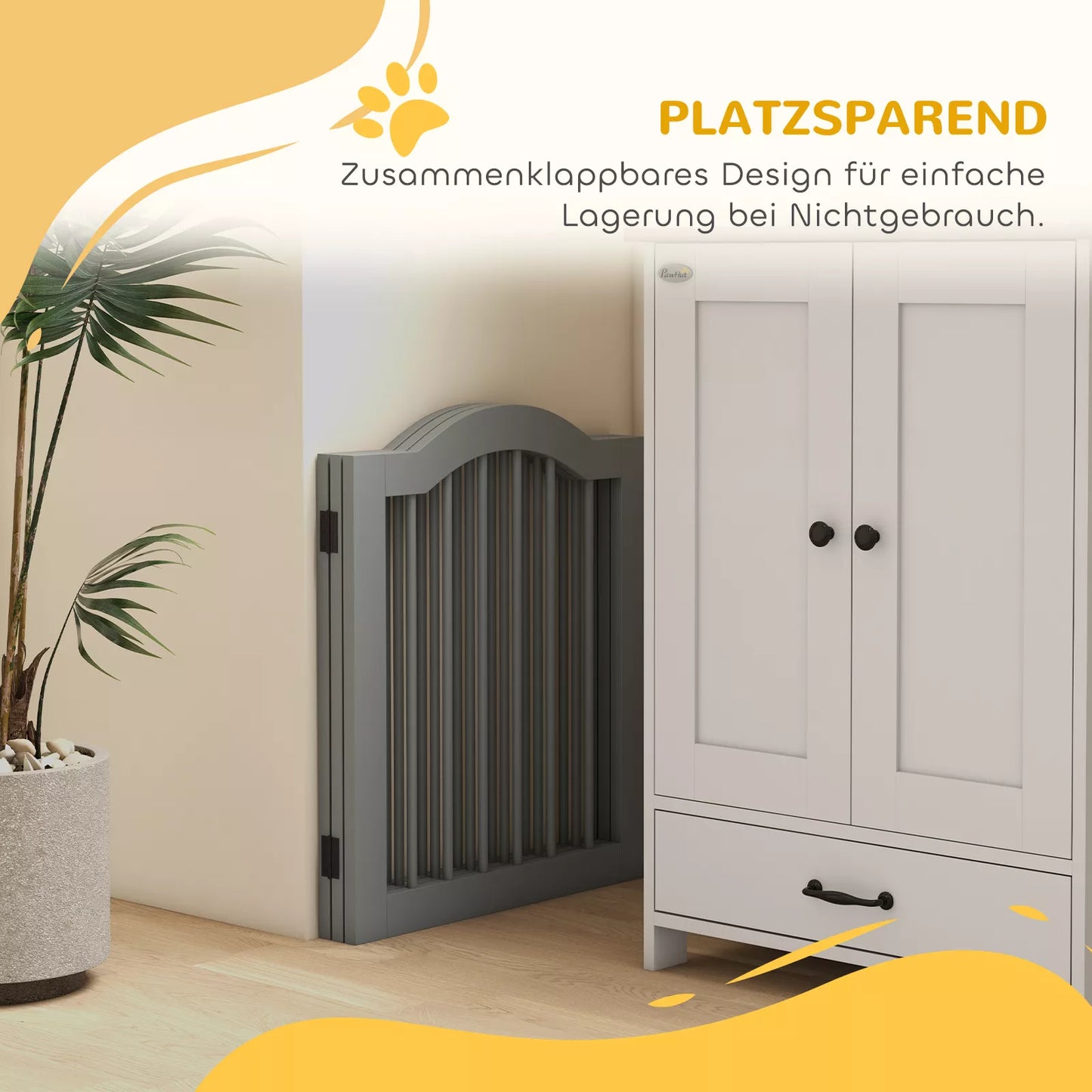 PawHut 3 dalių šunų atitvaras, 154,5 x 61 cm, sulankstomas šunų aptvaras su durelėmis, 2 atraminės kojelės, šviesiai pilkas