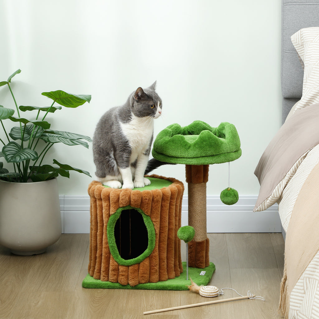 Draskyklė 53 cm medžio formos su nameliu, guoliu ir 2 kamuoliukais, 1–2 katėms iki 5 kg, ruda su žalia