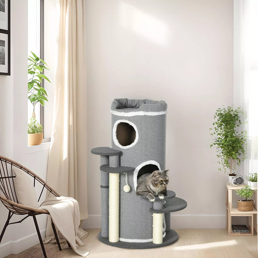 Kačių draskyklė cilindras, 2 kačių namelyje, 4 miego vietos, 4 draskymo stulpeliai, 57 cm x 57 cm x 99 cm, Pilka + Balta