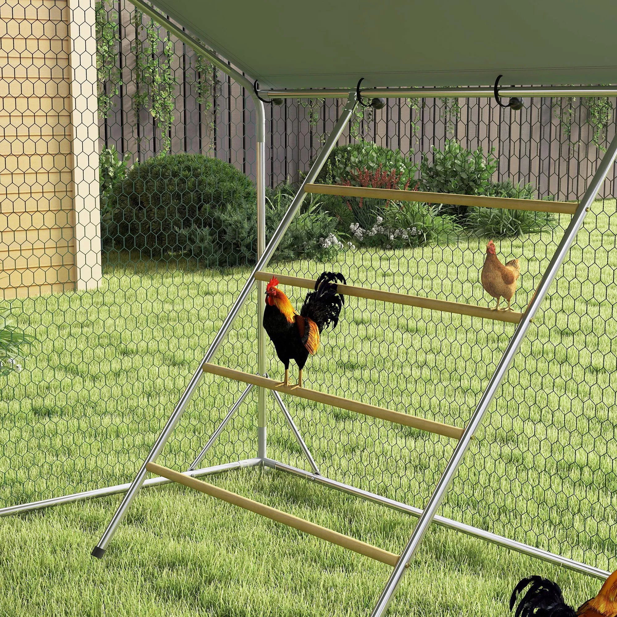 Vištidė, vištų aptvaras, su UV spinduliams atspariu tentu, plieniniu tinklu, pašarų automatiniu dozatoriumi, skirtas 24–30 vištoms.