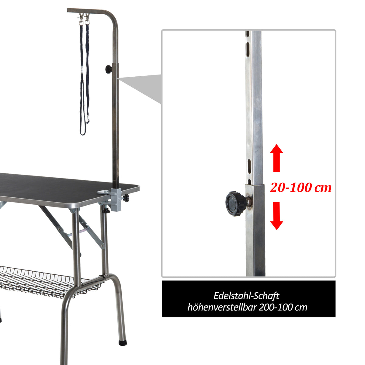 Kirpimo stalas šunims 90x60x75 cm, sulankstomas, su pasukamu laikikliu ir tinkline lentynėle, iki 150 kg, juodas