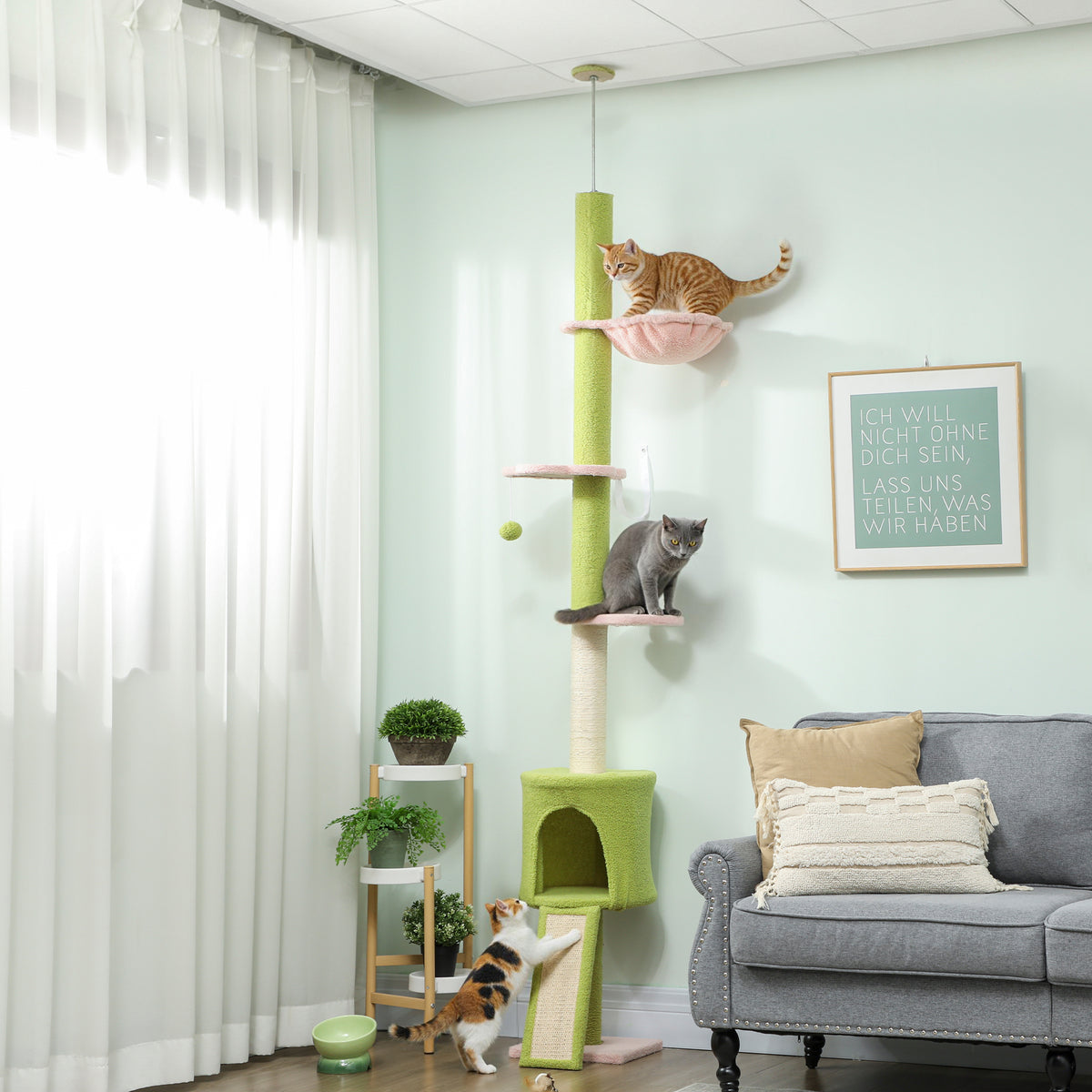 Draskyklė iki lubų 220–240 cm su nameliu, hamaku ir gėlių formos platformomis, 1–2 katėms iki 5 kg, žalia