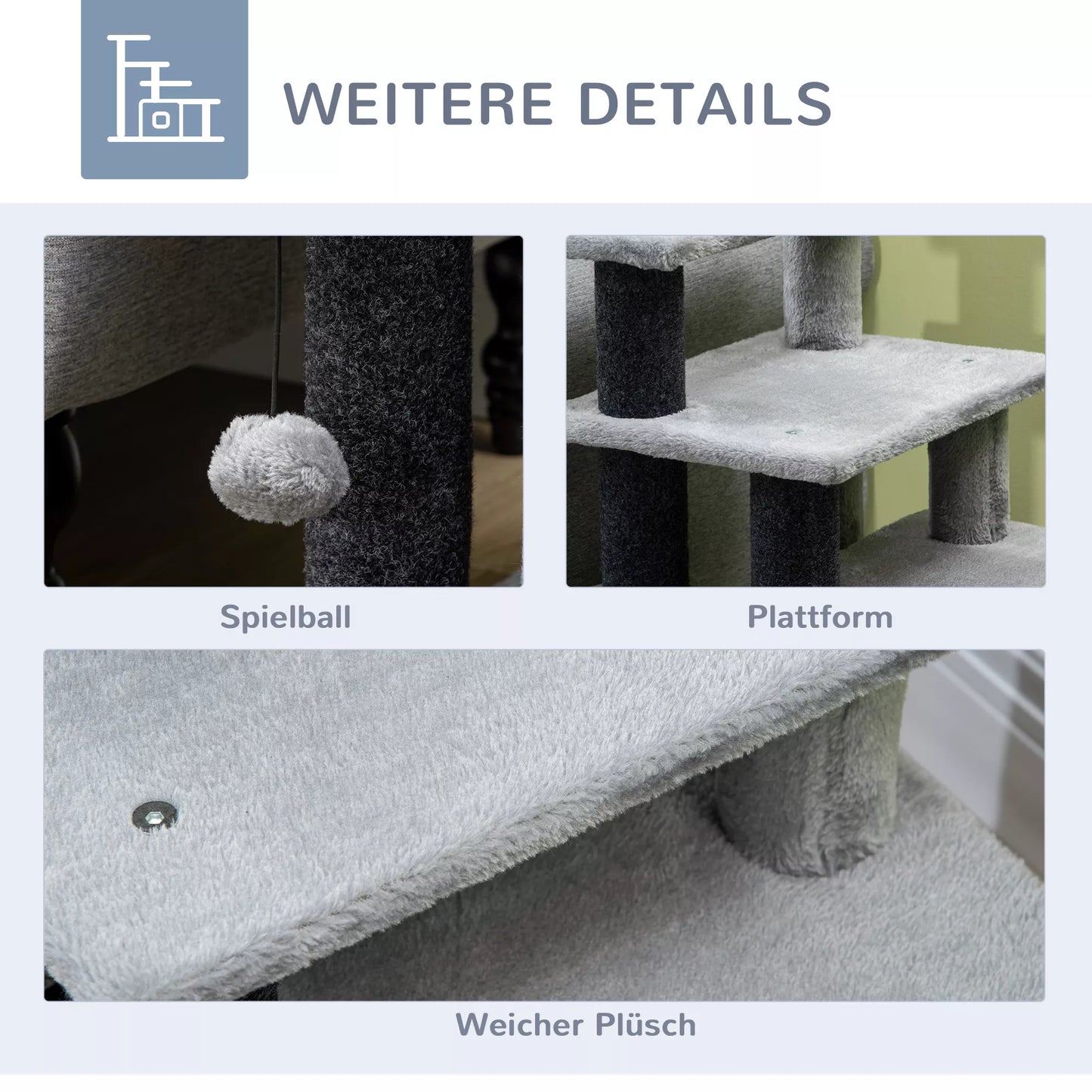 Kačių draskyklė, gyvūnų laipteliai, 4 pakopos, žaidimo kamuoliukas, namukas, reguliuojamo aukščio, juoda+pilka, 60 x 40 x 66 cm