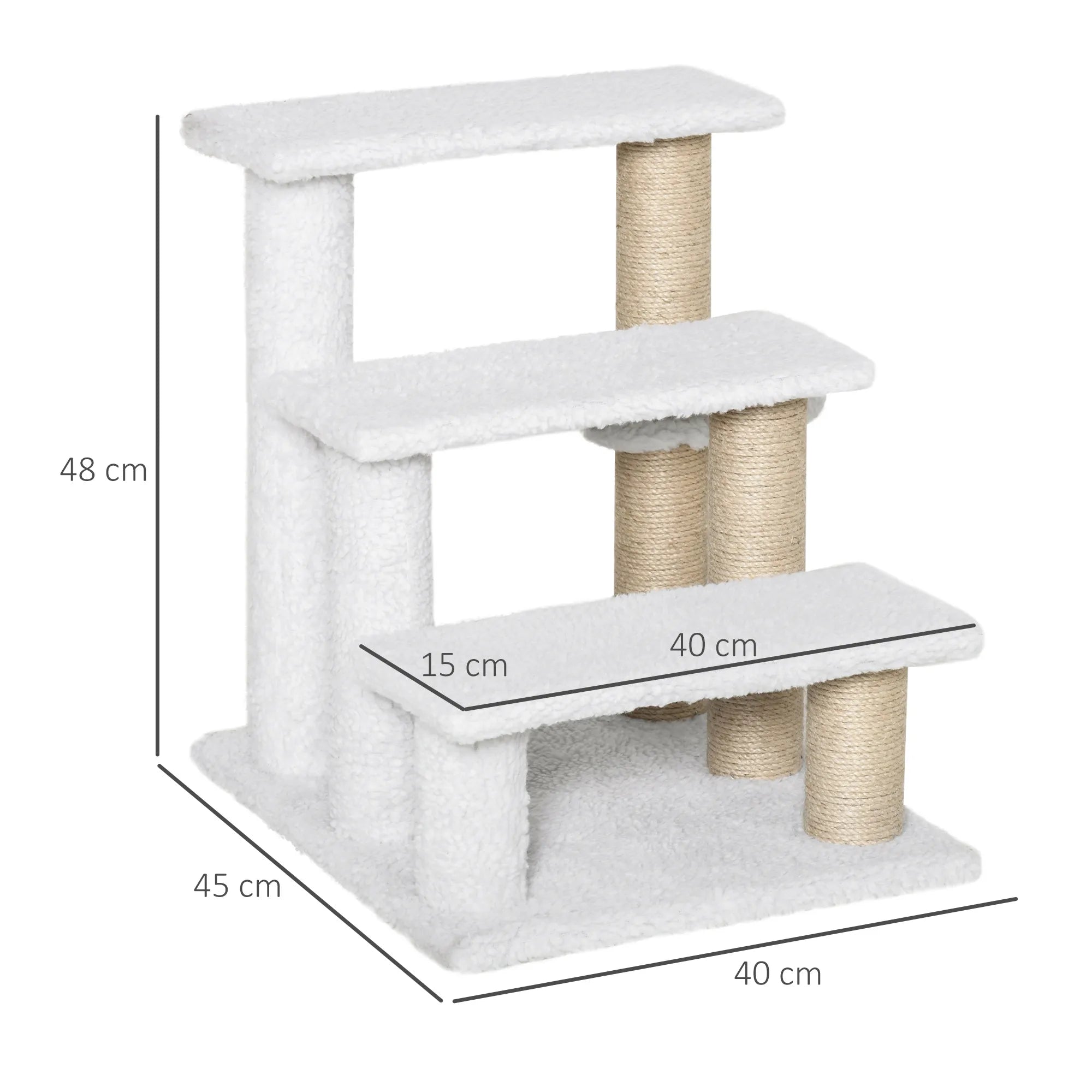 3 pakopų naminių gyvūnėlių laipteliai su draskyklėmis ir kamuoliuku, skirti katėms iki 5 kg, šunims, pliušiniai, džiuto, balti, 45 x 40 x 48 cm