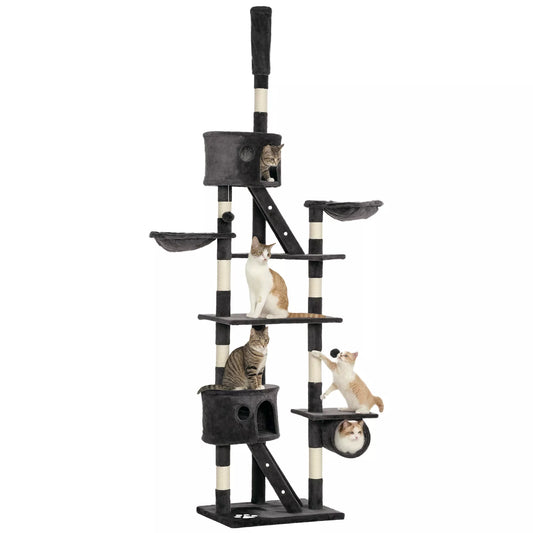 Kačių medis iki lubų aukščio 240-260 cm Katės medis su pliušiniais kamuoliais, katės urvu, hamaku, sizalio kamienais, platformomis Daugiaaukštis katės medis Laipiojimo medis didelėms katėms, tamsiai pilkos spalvos