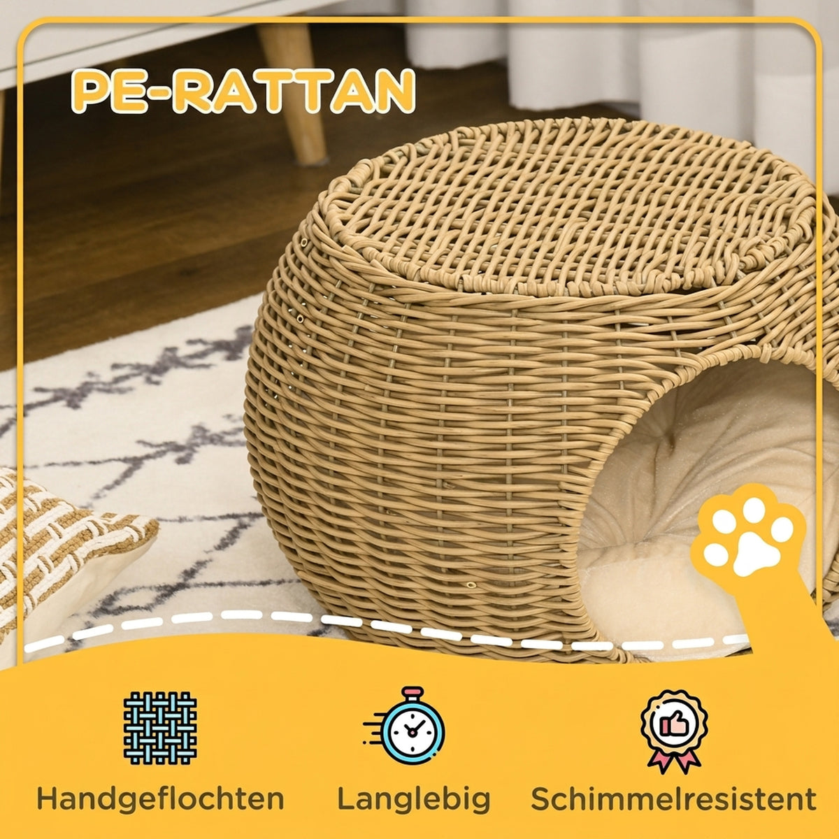 Pintas namelis katėms su 2 aukštais ir pagalvėle, Ø40x30 cm, katėms iki 3,5 kg, šviesiai rudas
