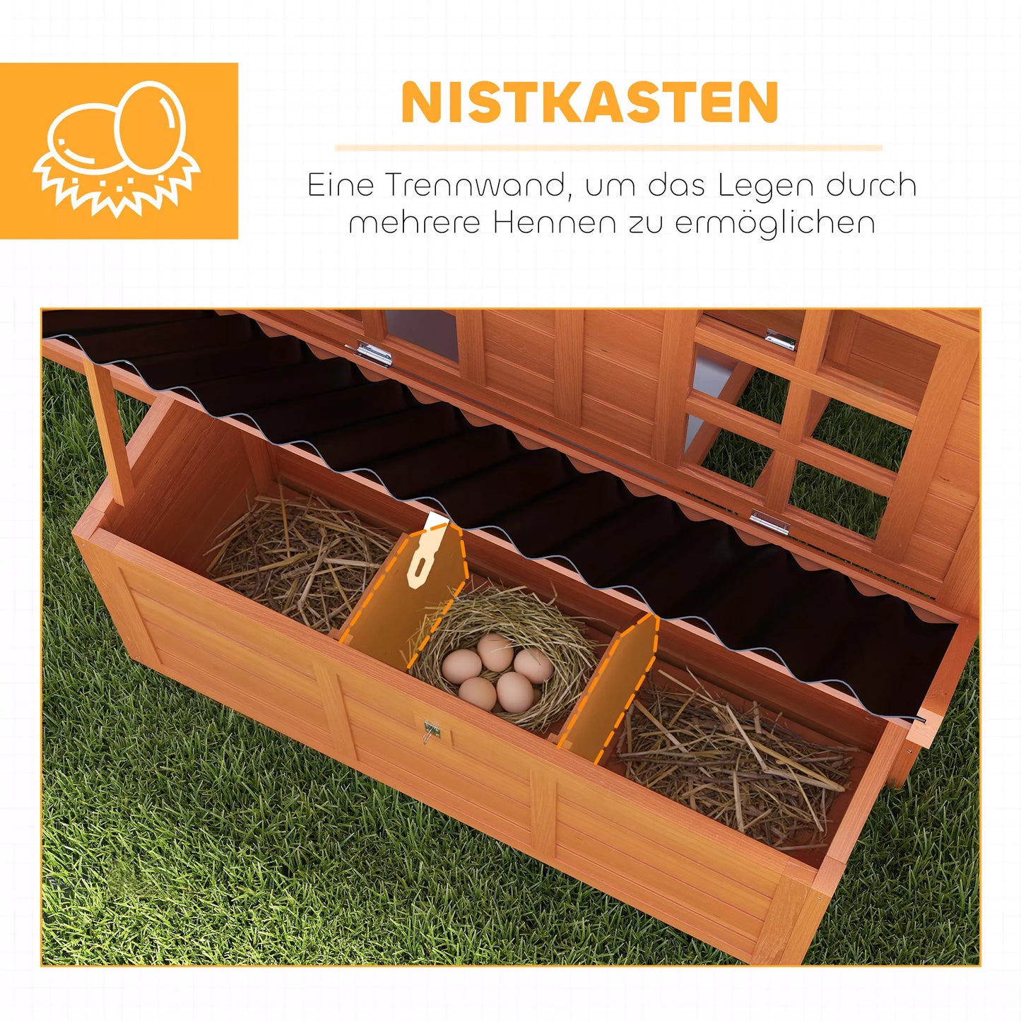 Vištidė 4–6 vištoms su perėjimo dėže, lauko namelis paukščiams su vandeniui atspariu stogu, kėnio mediena 100x86x100 cm, oranžinė