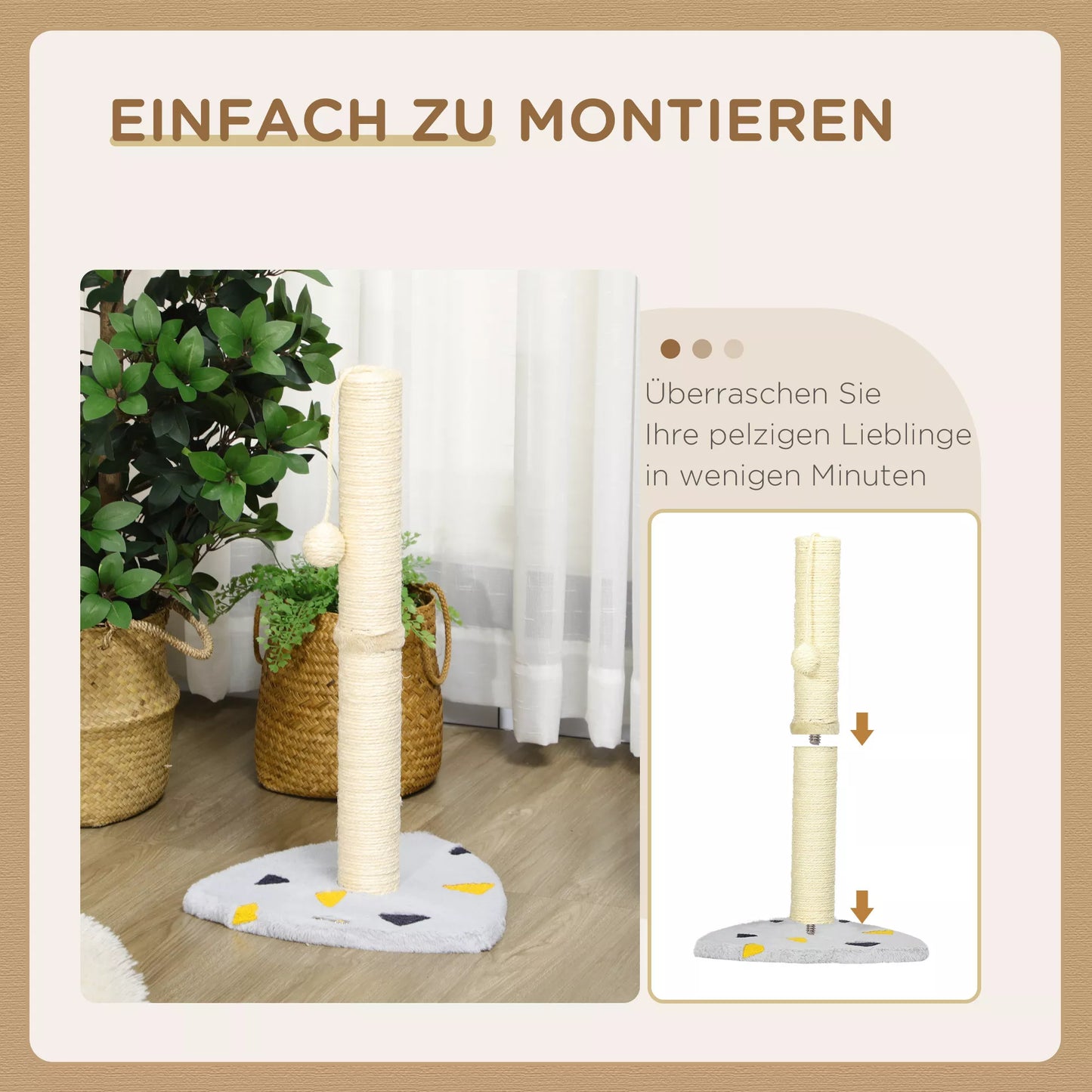 Kačių draskyklė su žaidimų kamuoliuku, kompaktiško dydžio, tvirtos džiuto virvės, šviesiai pilkos+smėlio spalvos, 35 x 35 x 62 cm