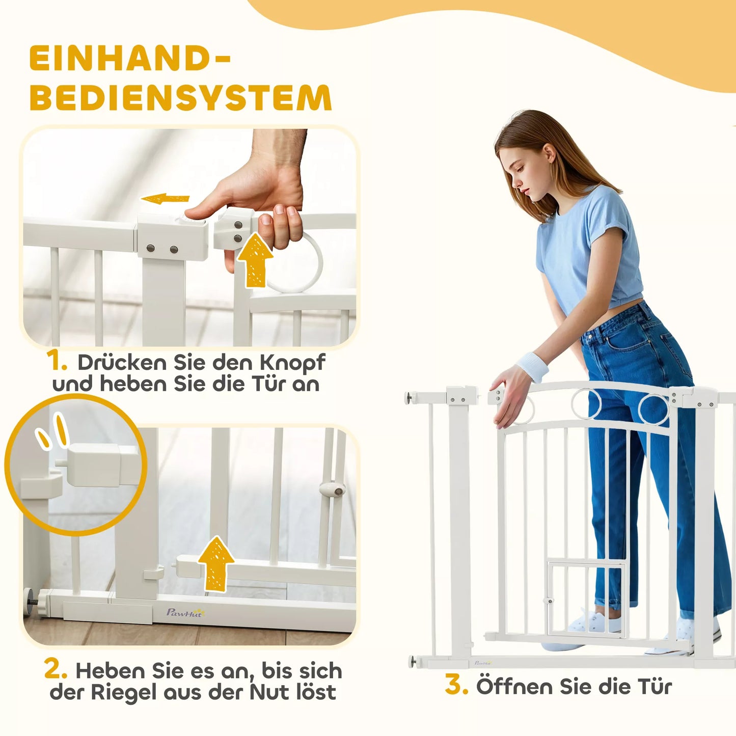 Gyvūnų varteliai, 77 cm laiptų varteliai, reguliuojamas plotis 76-104 cm, su katės durelėmis, skirti laiptams ir durų angoms, balti