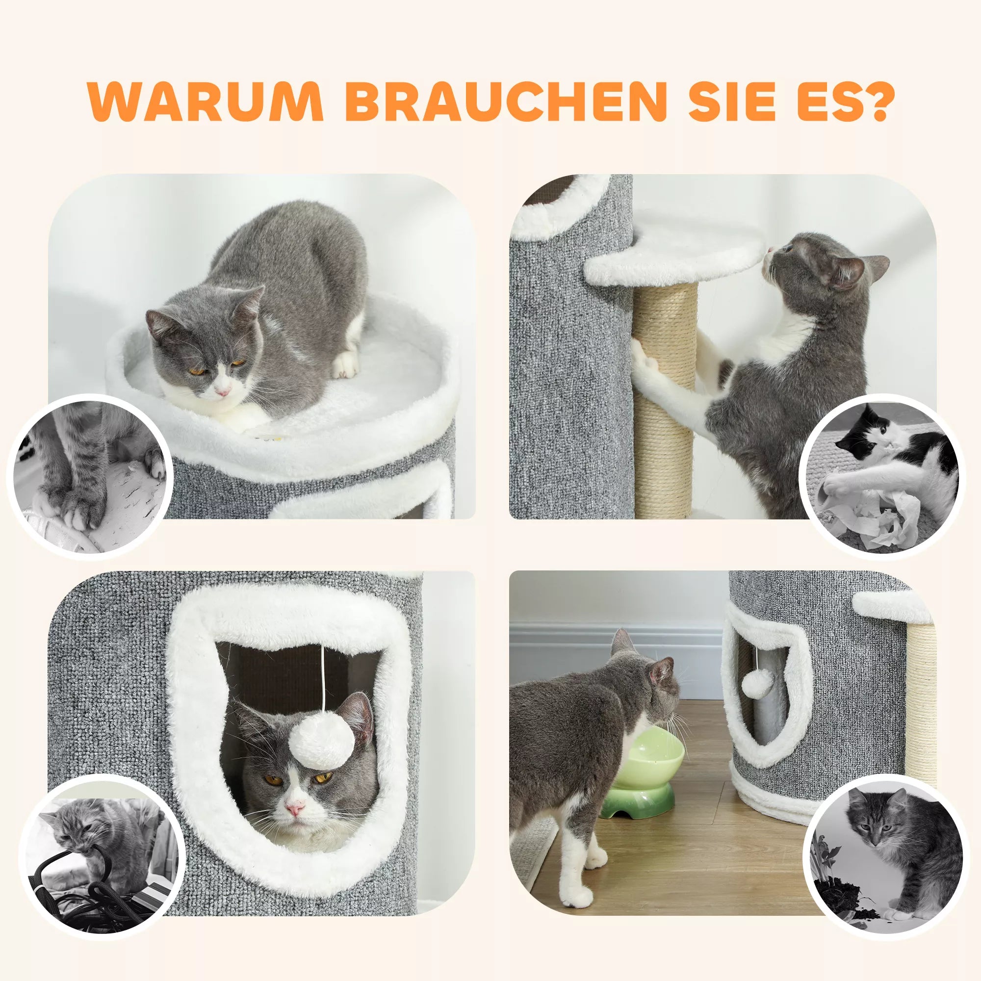 101 cm kačių bokštas, 3 lygiai, 3 miegamosios olos, žaisliniai kamuoliukai, draskyklė, sizalis, medžio drožlių plokštė, pilka