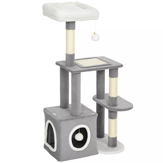 107 cm kačių medis, kačių bokštas su urveliu, 2 pliušiniai kamuoliukai, sisaliniai stiebai, didelė platforma, 55x40x107 cm, pilkos spalvos