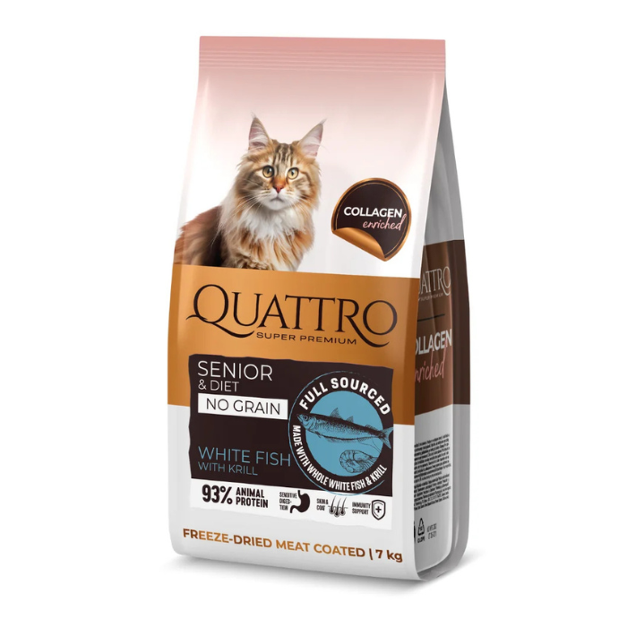 QUATTRO visavertis sausas dietinis/senstančių kačių pašaras su balta žuvimi ir kriliu (nuo 7 metų amžiaus, begrūdis)