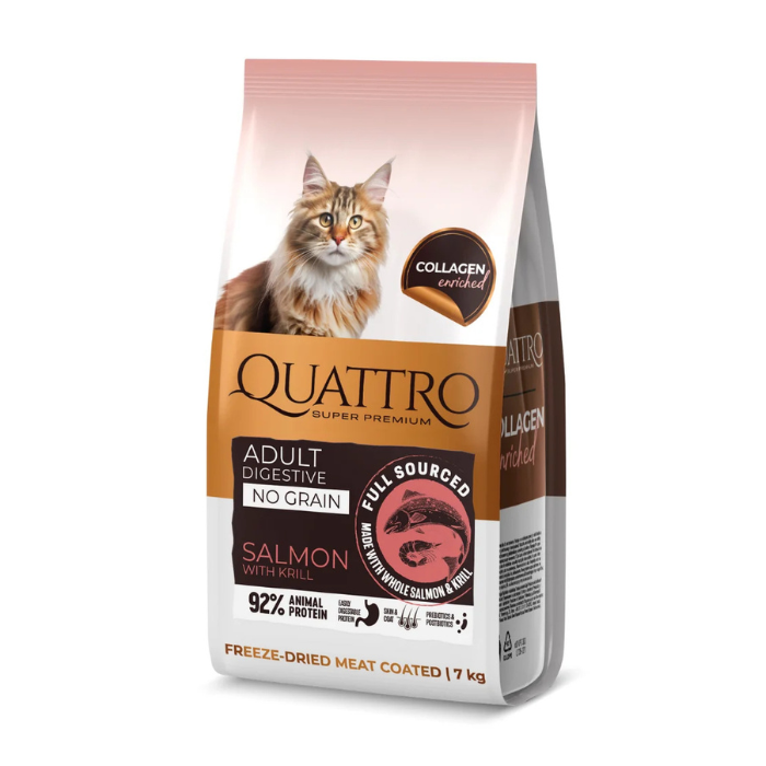 QUATTRO visavertis sausas pašaras suaugusioms jautrioms katėms su lašiša ir kriliu (nuo 1 metų amžiaus, begrūdis)