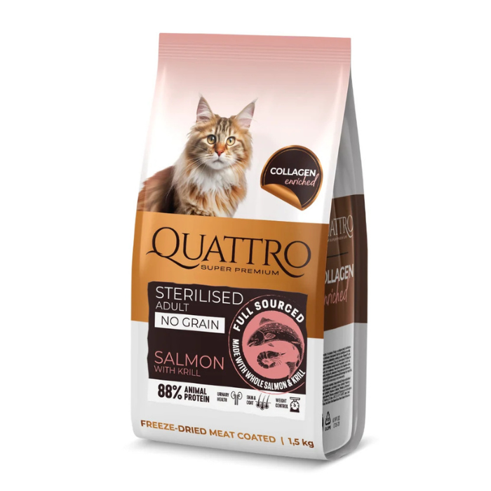 QUATTRO visavertis sausas pašaras suaugusioms sterilizuotoms katėms su lašiša (nuo 1 metų amžiaus, begrūdis)